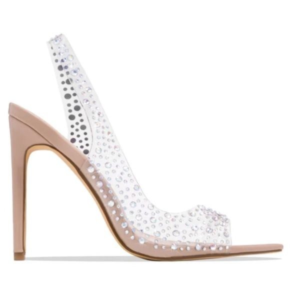 !! NEW !! Transparent Slingback Peep Toe Embellished Heels in Nude - Picture 2 of 6